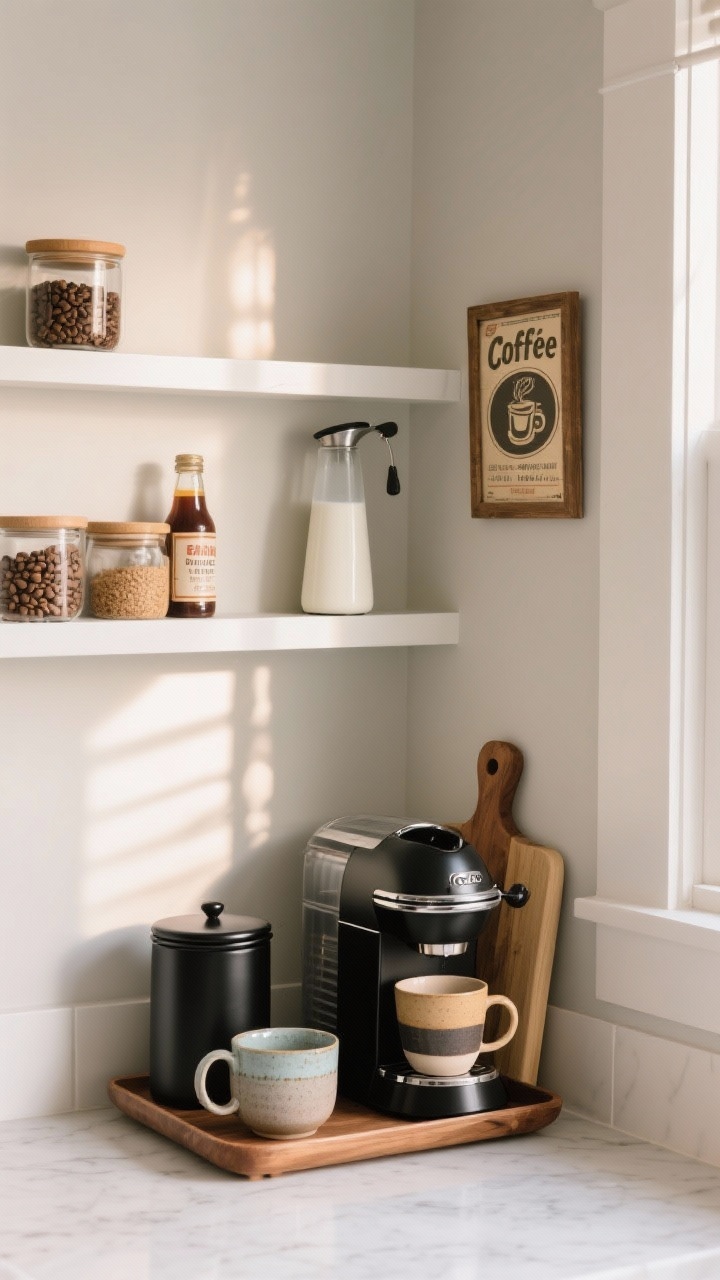 Closeup, corner coffee setup: a 24-inch wall nook styled to feel custom, with a compact espresso machine on a small wooden tray used as a base, a matte black canister, two mismatched ceramic mugs, a narrow floating shelf above holding beans and syrups, and a tiny framed vintage coffee ad; add a small cutting board backdrop to define the zone, vertical storage emphasized, daily-use items front and center while a milk frother sits slightly back; warm morning natural light from the side, clean, intentional styling, no people, photorealistic.