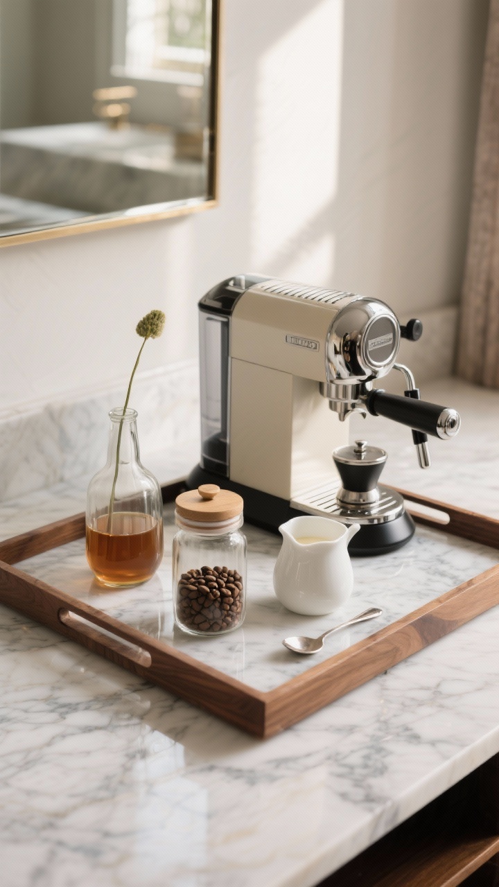 Closeup detail of a luxe tray-built station: a marble or sealed wood water-resistant tray corralling the core setup—espresso machine, compact grinder, small glass canister of beans; support items include a glass syrup bottle, white ceramic sugar bowl, cream pitcher, and a tiny spoon rest; a mini vase with a single stem adds style; tight composition emphasizing textures (marble veining, ceramic glaze, metal sheen); soft morning light with gentle highlights, photorealistic.