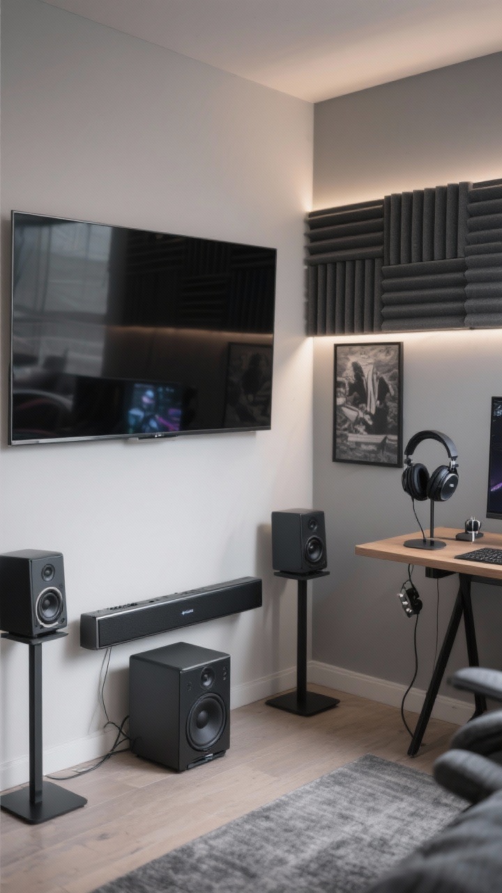 Corner angle medium shot: Audio-first gaming nook with a sleek soundbar and compact sub beneath a wall-mounted 65-inch TV, plus acoustic fabric wall art panels in charcoal to reduce echo. For a PC side, small bookshelf speakers on stands flank a monitor. A closed-back headset rests on a minimalist headphone stand, with magnetic cable clips keeping lines tidy. Subtle ambient lighting, photorealistic.
