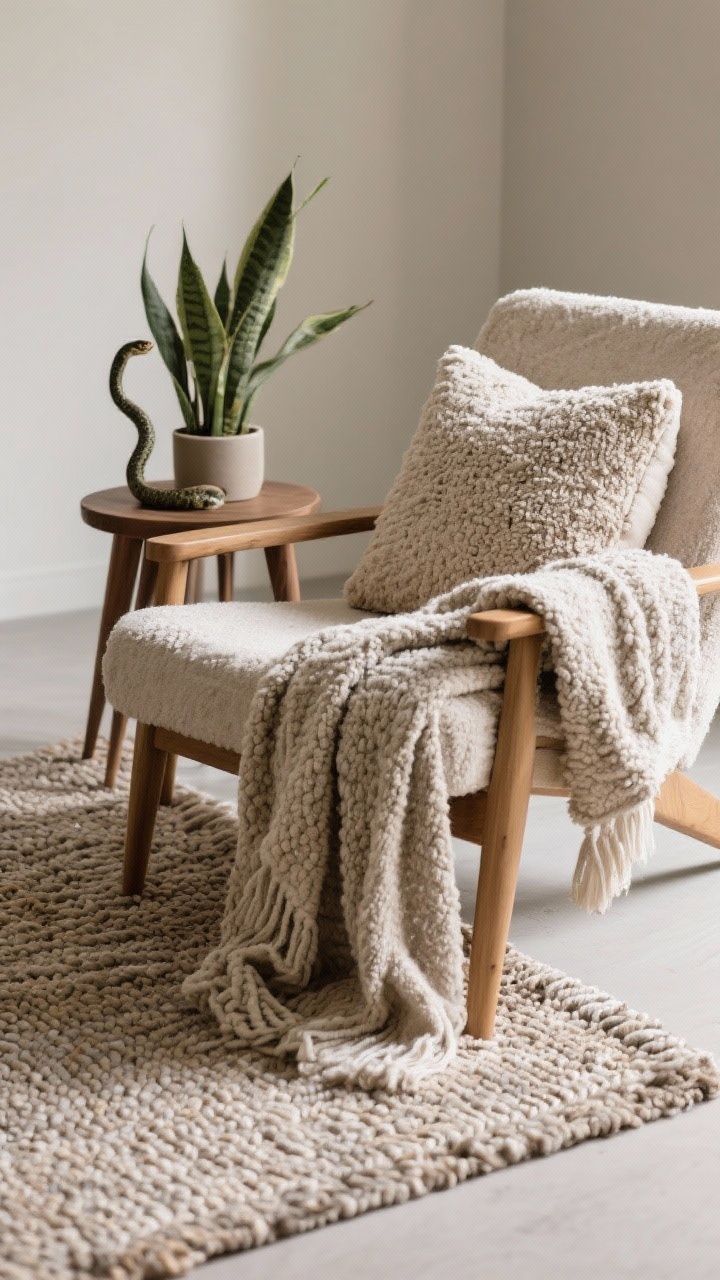 Detail closeup: Comfort layers on a low-pile rug that dampens sound—woven texture visible—paired with a boucle throw pillow and a textured throw blanket in muted neutrals draped over a compact lounge chair. Nearby, a small side table and a low-maintenance snake plant add life and contrast. Soft, cozy lighting emphasizing fabric weave, photorealistic.