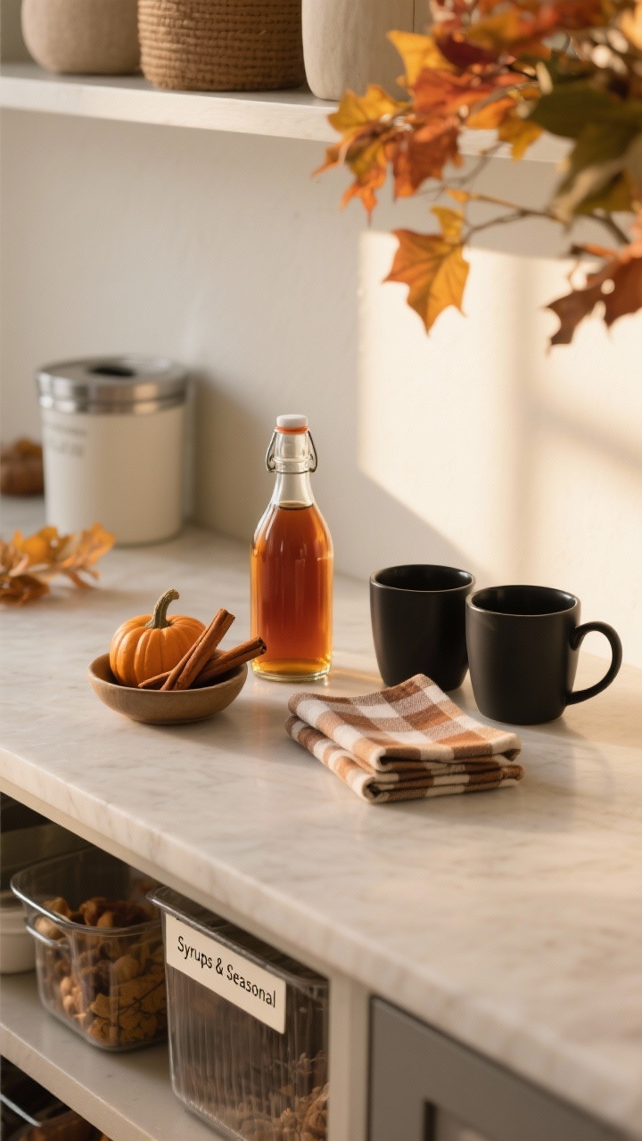Medium detail vignette showing seasonal styling on a neutral base: core setup remains simple while accents shift—fall scene with cinnamon sticks in a small dish, pumpkin syrup in an amber glass bottle, and plaid napkins folded beside matte black mugs; subtle warm tones and cozy textures; softly lit with golden afternoon light; nearby labeled pantry bin “Syrups & Seasonal” partially visible on a lower shelf to suggest rotation; photorealistic.