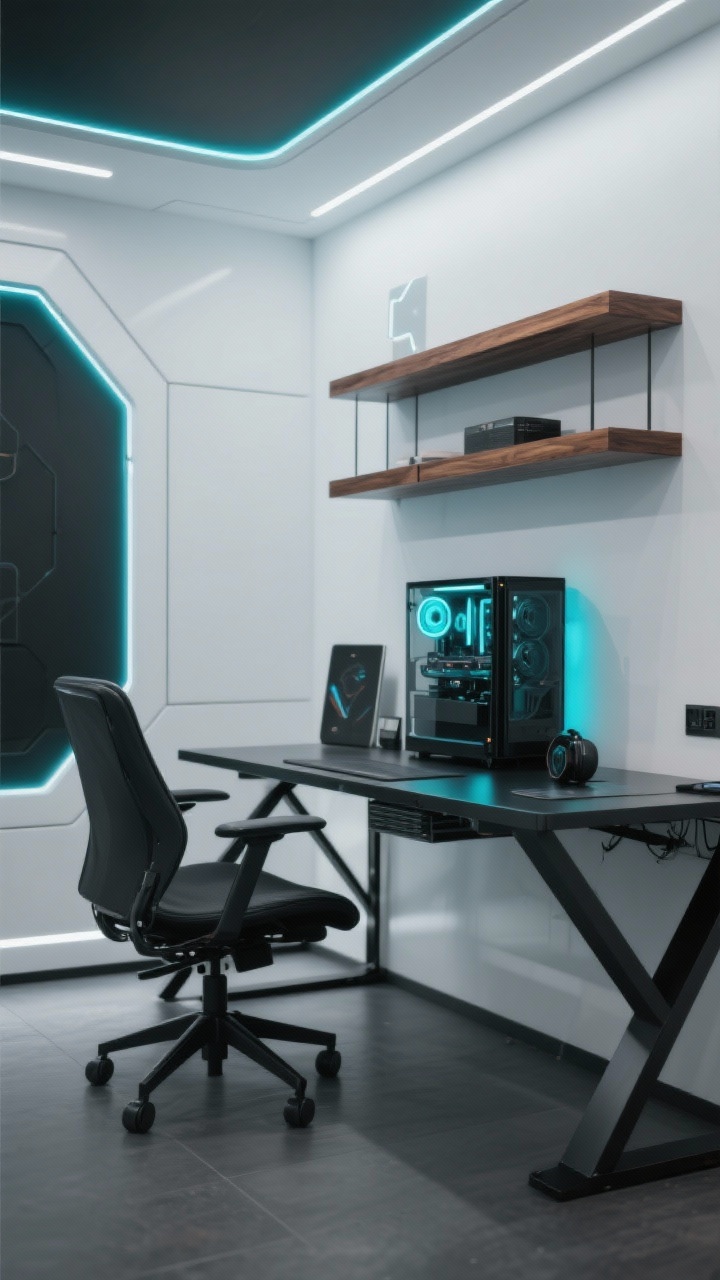 Medium shot: A lightly themed gaming space in sci-fi minimal style—matte black metal desk, walnut shelf accents, smoked glass PC case—anchored by cool white lighting and a single signature color accent in cyan. Clean lines, restrained decor, and a subtle nod to the theme without clutter. Calm, futuristic mood, photorealistic.