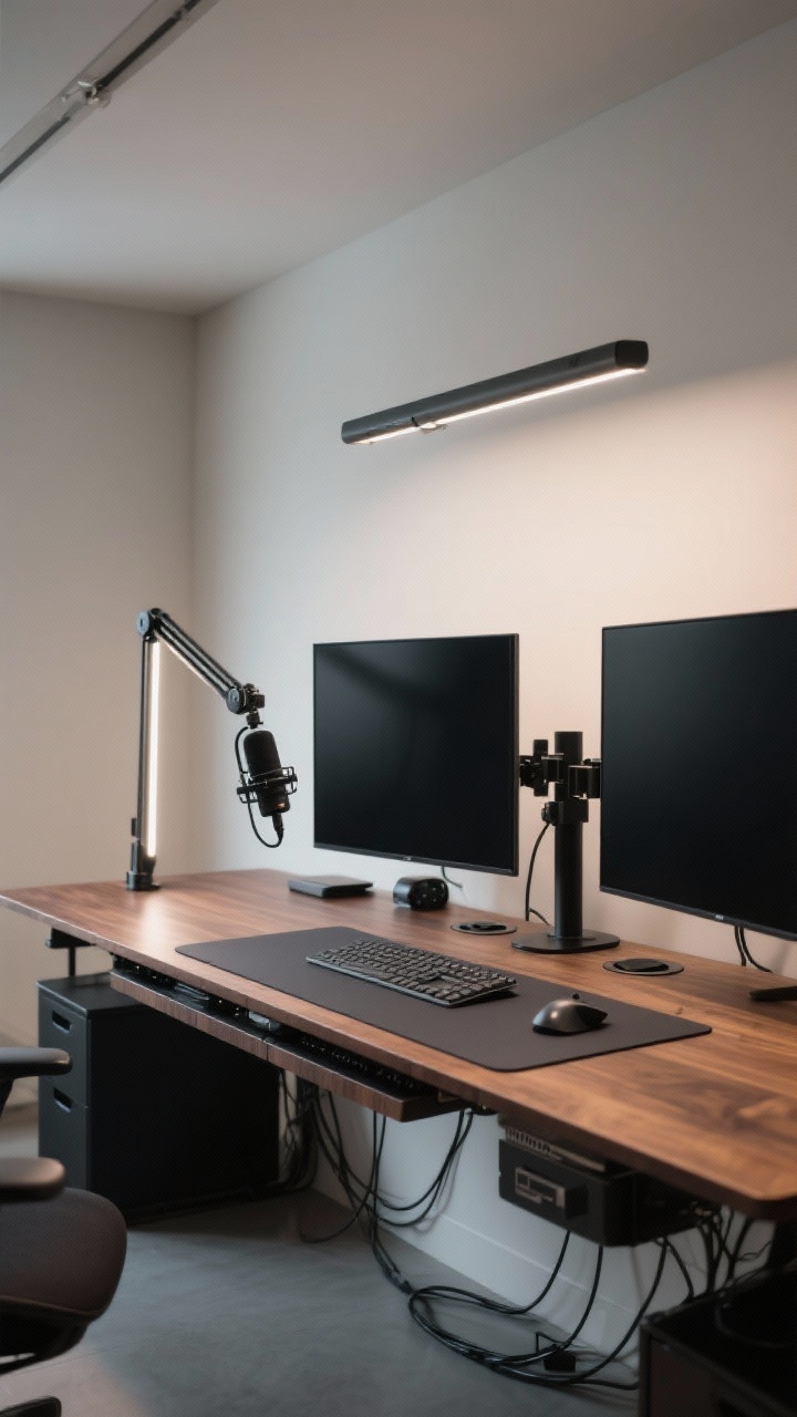 Medium shot: A performance-focused desk setup with a 70-inch matte walnut surface featuring dual monitors on adjustable black monitor arms, integrated cable grommets, and a large charcoal desk mat. A clamp-on mic boom arm and a low-profile LED key light frame the left monitor. Cable channels route neatly under the desk, with a minimalist keyboard and mouse centered. Neutral walls and tidy lines, photorealistic.