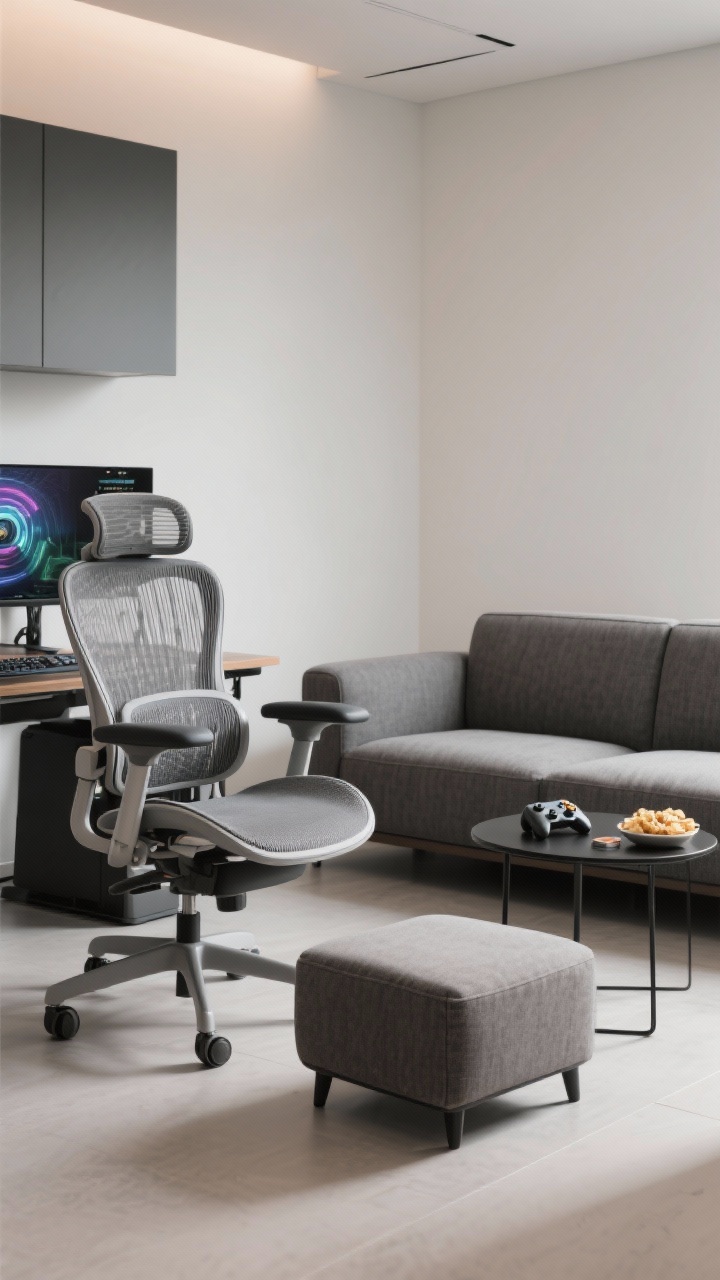 Medium shot: An ergonomic seating vignette featuring a breathable mesh office chair with adjustable lumbar support and seat depth, positioned at a gaming desk; beside it, a compact ottoman for leg support. For console mode, a low-slung loveseat with performance fabric sits opposite, complemented by a petite black side table holding controllers and snacks. Soft, even lighting, clean modern style, photorealistic.