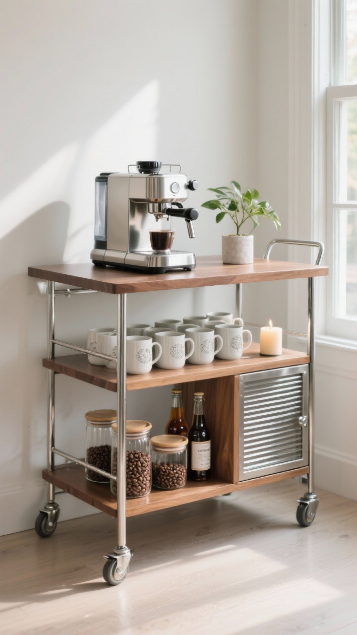 Medium shot, bar cart turned espresso station: a rolling metal-and-wood cart with a solid top supporting an espresso machine; middle shelf neatly lined with mugs; bottom shelf with glass canisters of beans and syrup bottles; a small plant and candle add a styled vibe; cart positioned by a window to suggest mobility and sunlight on lazy Sundays; soft daylight, subtle reflections on chrome, tidy zoned storage, no slatted surfaces, photorealistic.