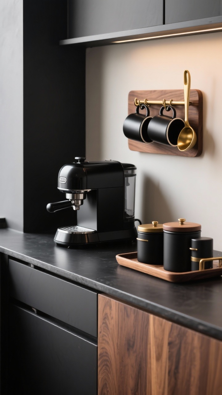 Medium shot, cohesive palette coffee bar vignette: tight color story of matte black + walnut wood + brass accents for a modern café feel; compact espresso machine and grinder in matte black, walnut tray and mug rack, brass scoop and mug hooks; matching canisters and accessories unify the scene; neutral backdrop keeps focus on the palette; soft directional lighting highlighting textures of wood grain and metal, photorealistic.