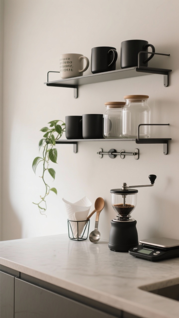 Medium shot, slim floating shelves over a compact counter: upper shelf with pretty mugs and matching matte black and clear glass canisters; lower shelf with tools—burr grinder, digital scale, paper filters in a holder; a tiny trailing pothos softens the lines; a discrete magnetic strip mounted under the lower shelf holding a coffee scoop and teaspoons; neutral wall, restrained styling to avoid overcrowding; diffuse natural light, photorealistic.