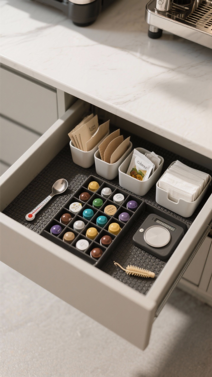 Overhead detail shot of an organized drawer beneath a coffee counter: gridded organizer neatly sorting capsules and pods by flavor, slim bins holding paper filters, tea bags, and napkins; a compartment with thermometer, spoon, mini scale, cleaning brush, and descaling packets; rubber drawer liner visible to prevent sliding; surfaces clean and minimal; soft top-down lighting with gentle shadows, photorealistic.