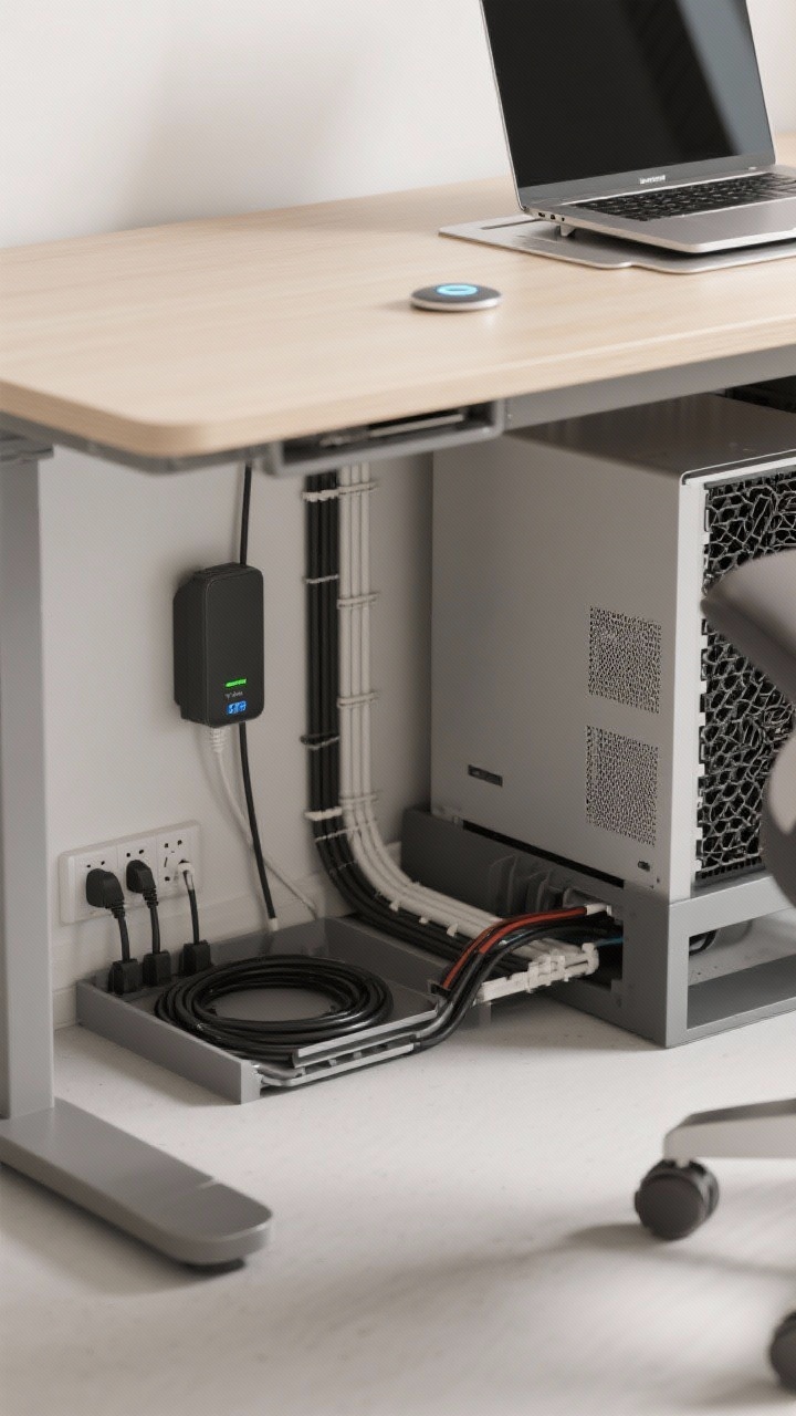 Overhead detail shot: Performance upgrades under and around a desk—cable management tray neatly holding cords, a surge protector/UPS mounted safely, wall-mounted power raceways hiding vertical runs, and optimized airflow with a ventilated PC placement and a laptop on a cooling stand. A small smart button sits on the desktop for one-tap automation. Clean, technical, photorealistic.