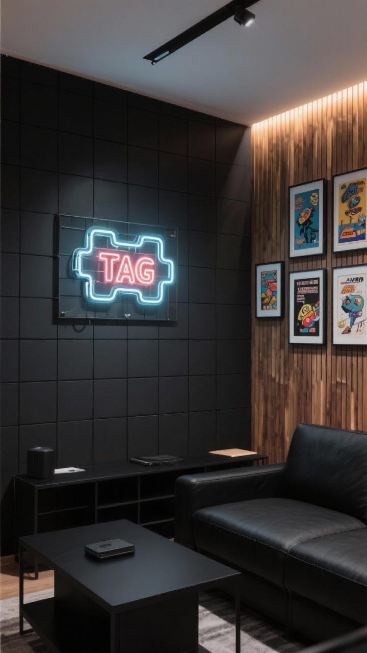 Straight-on medium shot: Bold wall styling with a deep charcoal accent wall as backdrop, featuring a custom LED neon sign of a gamer tag as the focal point. A clean grid gallery of framed retro game posters and concept art lines one side. Optional wood slat panels with backlighting add texture and a premium glow. Matte black furniture and minimal decor, photorealistic.