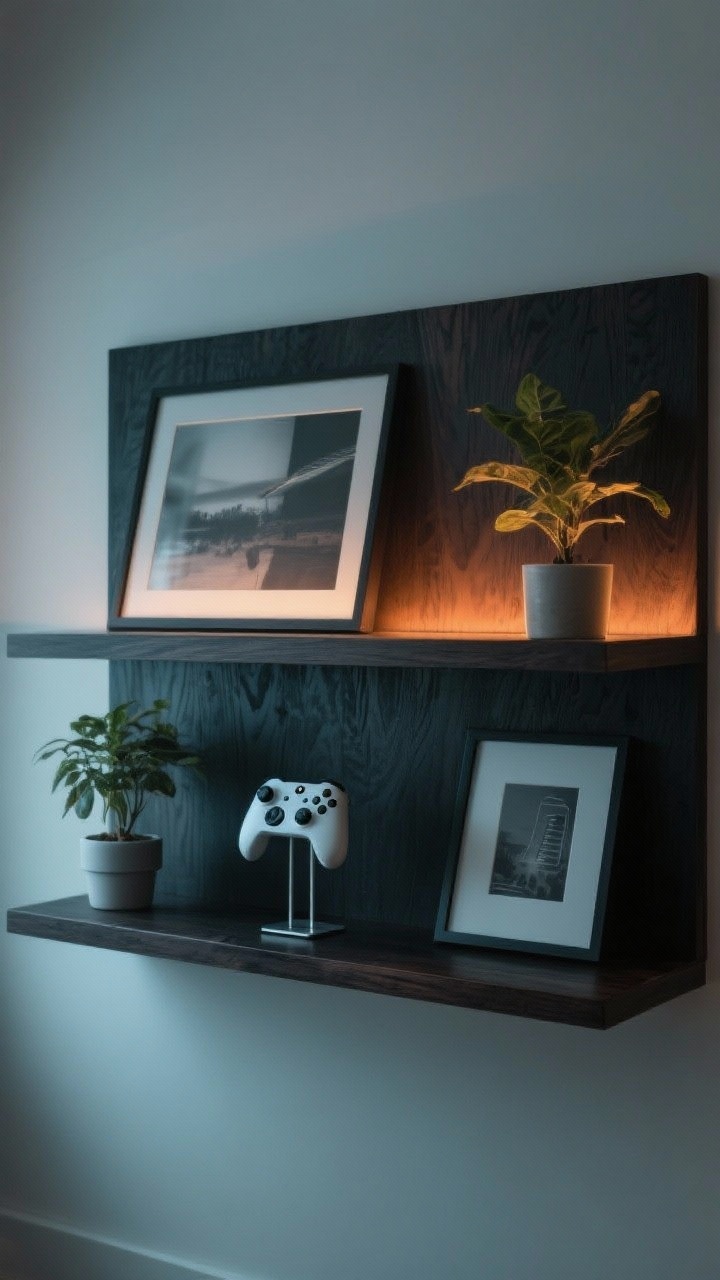 Straight-on medium shot: Stream-ready backdrop featuring a dark-stained shelf with curated props—two small plants, controller display stands, and a couple of framed prints—balanced by lighting: a soft key light on the unseen subject and a warm amber backlight washing the background for depth and contrast against predominantly cool front lighting. Tidy, brandable composition, photorealistic.