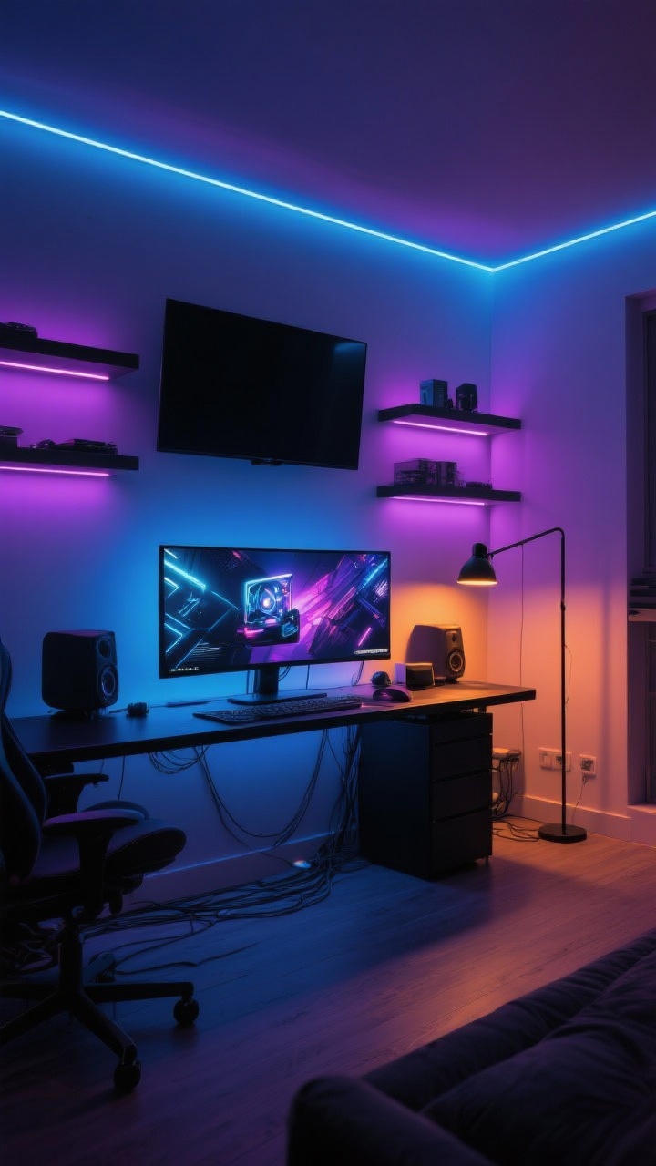 Wide shot: A gaming command center at night with cohesive RGB lighting—electric blue and violet—bias lighting glowing behind a large ultrawide monitor and wall-mounted TV, smart RGB light strips under floating shelves and along the back of a matte black desk, plus layered lighting from a slim black floor lamp and a low-profile desk lamp. Warm amber accent lighting softly fills the corners for a calm, cinematic vibe. Clean cables, no people, photorealistic.