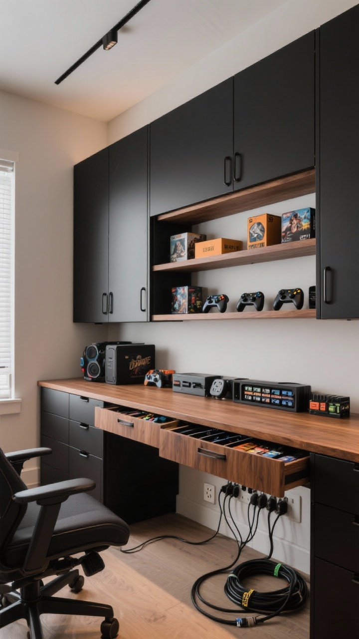 Wide shot: Storage-forward gaming room showcasing a mix of closed matte black cabinets for cables and controllers, open walnut shelves displaying curated collectibles and limited edition boxes, and a desk with drawers organized by dividers for SD cards and batteries. Under-desk power strip is mounted out of sight, with Velcro straps and cable sleeves creating a pristine look. Even, naturalistic lighting, photorealistic.