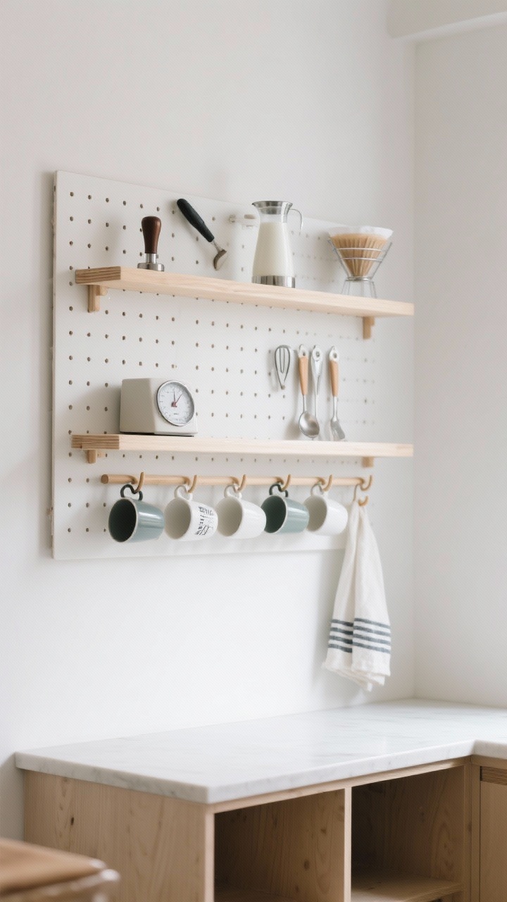 Wide shot, vertical organization with pegboard and rails above a small counter: white or light wood pegboard with two rails—lower rail displaying a curated set of mugs on S-hooks, upper rail holding tools like a tamper, scoop, and milk frother; small pegboard shelves for a scale and filters; measuring spoons and a bar towel hang within reach; negative space preserved for a minimalist, barista-on-duty look; bright, even daylight, photorealistic.