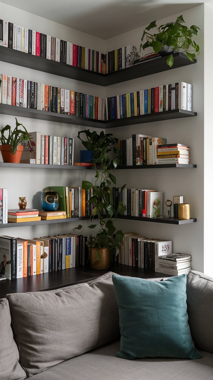 Floating Shelves in a living room corner