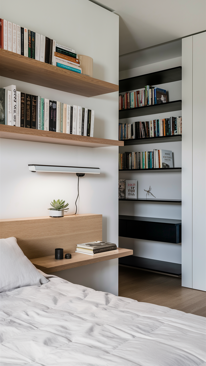 Floating Shelves in a small modern bedroom