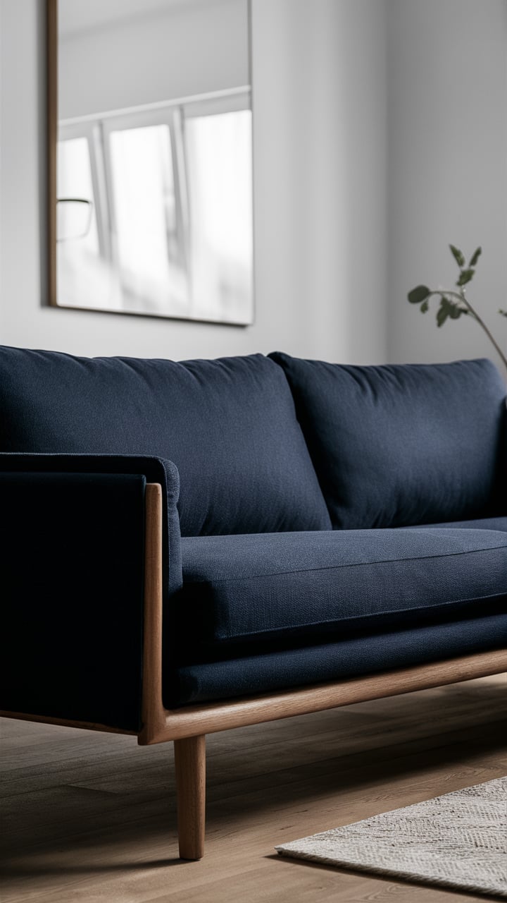 Scandinavian navy sofa with wooden legs