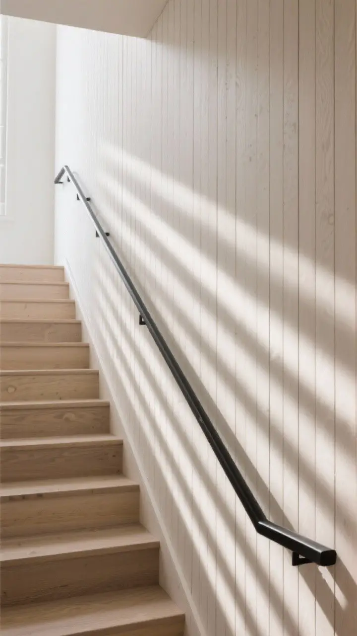 5-inch spacing mounted on one side of the staircase wall for Scandinavian warmth. The matte clear coat finish reveals tight grain and subtle variation; black metal railing runs parallel. Soft, diffuse daylight glides across the slats, creating rhythmic shadows while keeping the space airy and uncluttered.