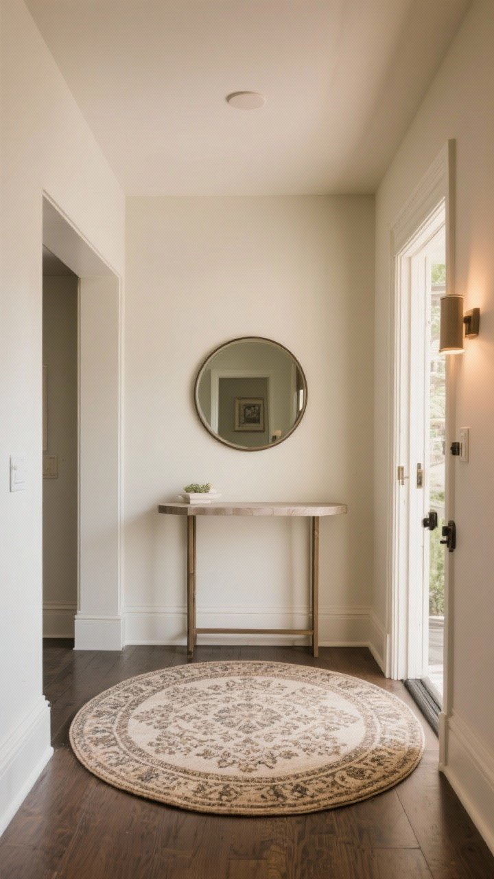 A boxy, square entry in a straight-on, medium shot anchored by a 3'–4' round rug with a vintage-inspired pattern; the round shape softens the right angles of the space; a small console centered over the rug, round mirror above for symmetry; place the rug outside the door swing; gentle warm lighting creates an inviting mood and guides traffic smoothly around corners