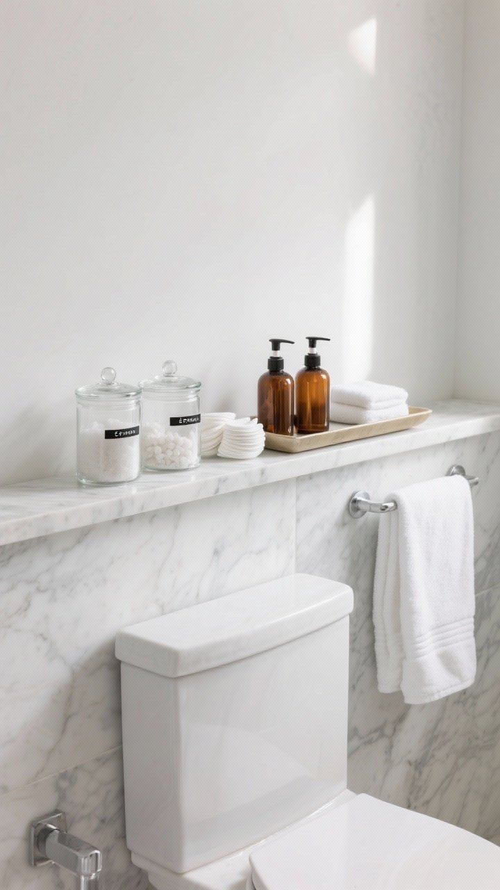 A clean, spa-like medium shot of a shelf over the toilet arranged as a mini spa station: matching clear apothecary jars labeled for Epsom salts, cotton rounds, and bath soaks; amber glass pump bottles of lotion and hand wash on a small tray; a neatly folded hand towel adding softness; cool white walls and marble accents, gentle natural daylight with subtle highlights on glass for an elevated, hotel-like feel.