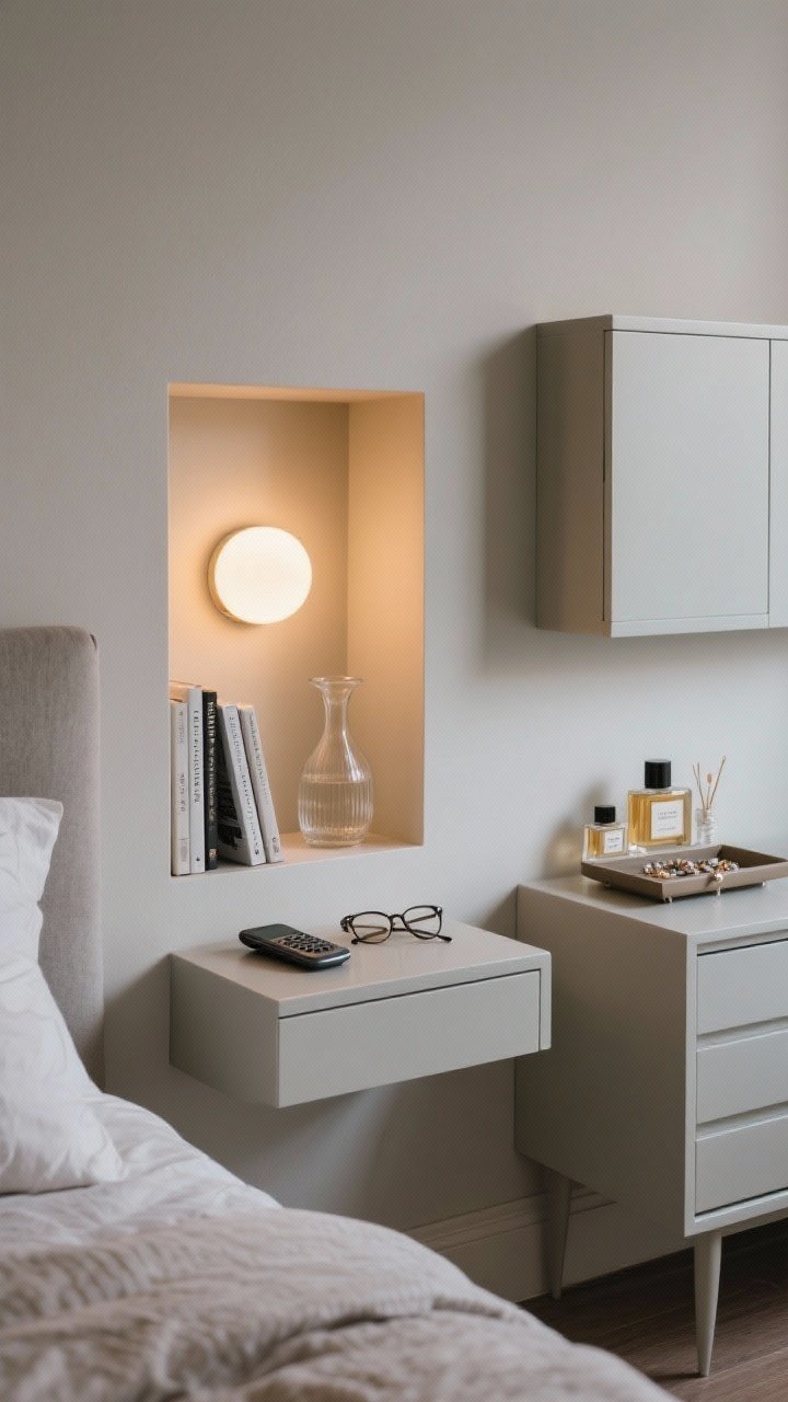 A close, straight-on view of a shallow bedside wall niche acting as a built-in nightstand: phone, glasses, a slim book stack, and a tiny carafe inside, illuminated by a warm puck light. Nearby, a dresser-height niche displays perfumes and a jewelry tray. For a renter-friendly touch, a slim wall-mounted cabinet painted to match the wall sits elsewhere. Smooth matte wall paint, subtle shadows, cozy glow. No people.