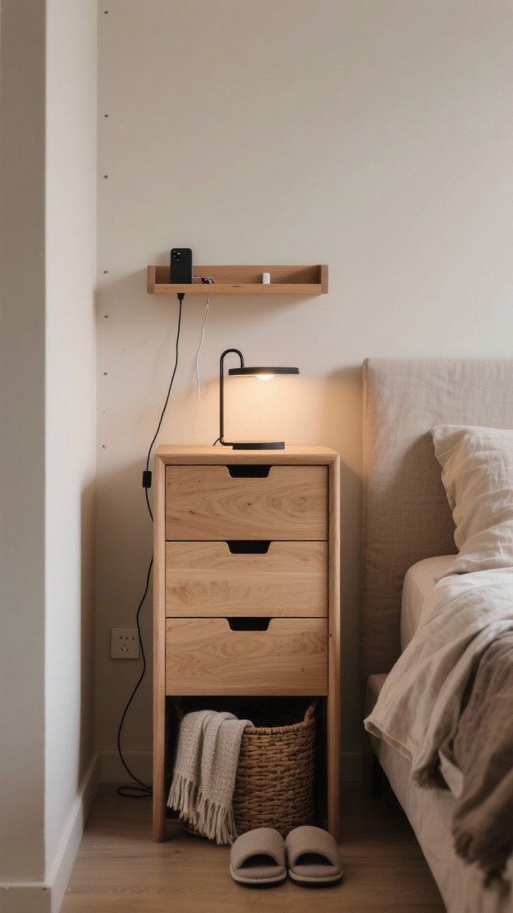 A close, three-quarter view of a tall, narrow nightstand with 3 drawers in a small bedroom corner. Cord grommet at the back with adhesive cable clips neatly routing a phone charger. A wall-mounted mini shelf on the other side of the bed serving as a micro nightstand, plus a woven basket underneath holding a throw blanket and slippers. Muted palette: light oak, matte black hardware, linen bedding. Warm bedside lamp glow for evening ambiance. No people.