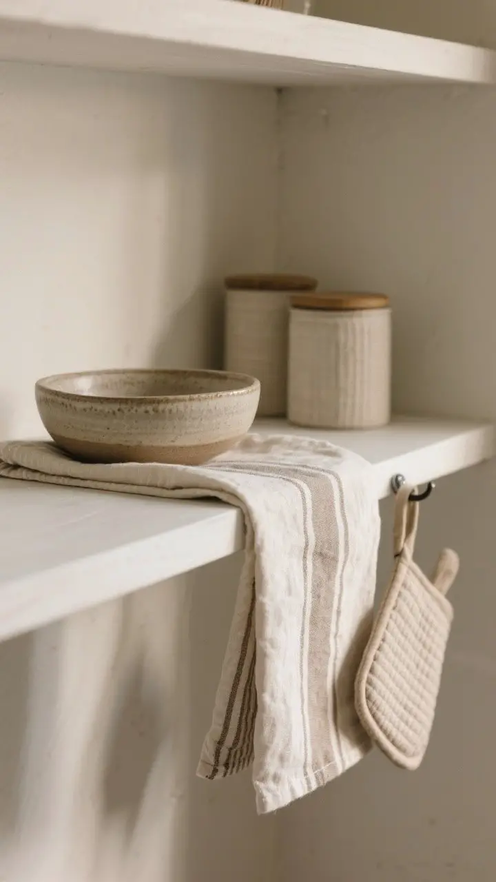 A closeup detail of textiles adding softness on a shelf: a casually folded linen tea towel in neutral stripe tucked under a ceramic bowl, a narrow mini runner beneath a pair of canisters adding subtle texture, and a neatly hung potholder from a small hook under the shelf; washable fabrics with visible weave under gentle side lighting.
