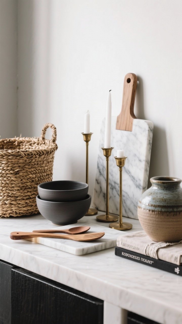 A closeup detail shot emphasizing mixed materials and texture: woven seagrass basket next to matte ceramic bowls, slender brass candleholders, a cool-toned marble cheese board paired with warm wood utensils, and a piece of glazed pottery beside linen-wrapped cookbooks; limit tones to wood, white, and black for a calm look; side-lit to make textures pop
