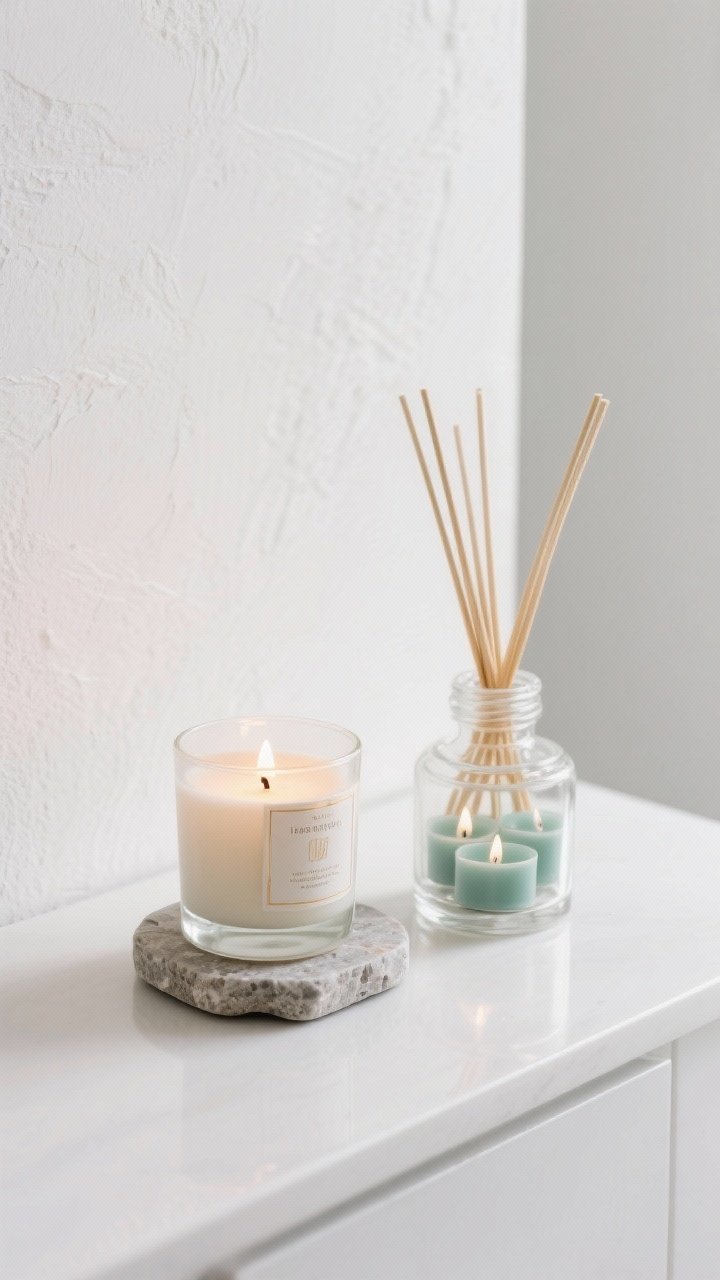 A closeup detail shot focusing on scent styling: a single quality candle placed on a heat-safe stone coaster, a reed diffuser with natural reeds beside it, and a mini glass jar holding extra tealights; minimalist white wall background, subtle steam-free spa vibe, consistent clean scent cues; gentle warm glow from the candle, reflective highlights on glass kept understated.