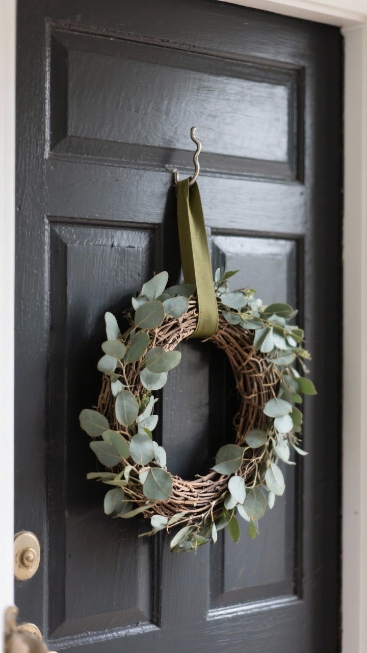 A closeup detail shot of a front door with a textured eucalyptus wreath sized about 20 inches, hung on an over-the-door hook to protect paint; a slim olive-colored ribbon tied for a subtle seasonal accent; door in muted black for contrast, with natural daylight revealing the wreath’s leaves and woven base; clean, sculptural and personal.