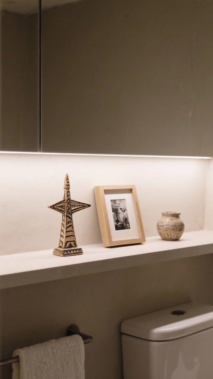 A closeup detail shot of a personal touch on a shelf: a single statement travel souvenir next to a tiny framed photo and a small handmade ceramic piece, all within the bathroom’s existing neutral color palette; minimal, clutter-free grouping with seasonal-rotation vibe, soft directional lighting to highlight craftsmanship and sentiment.