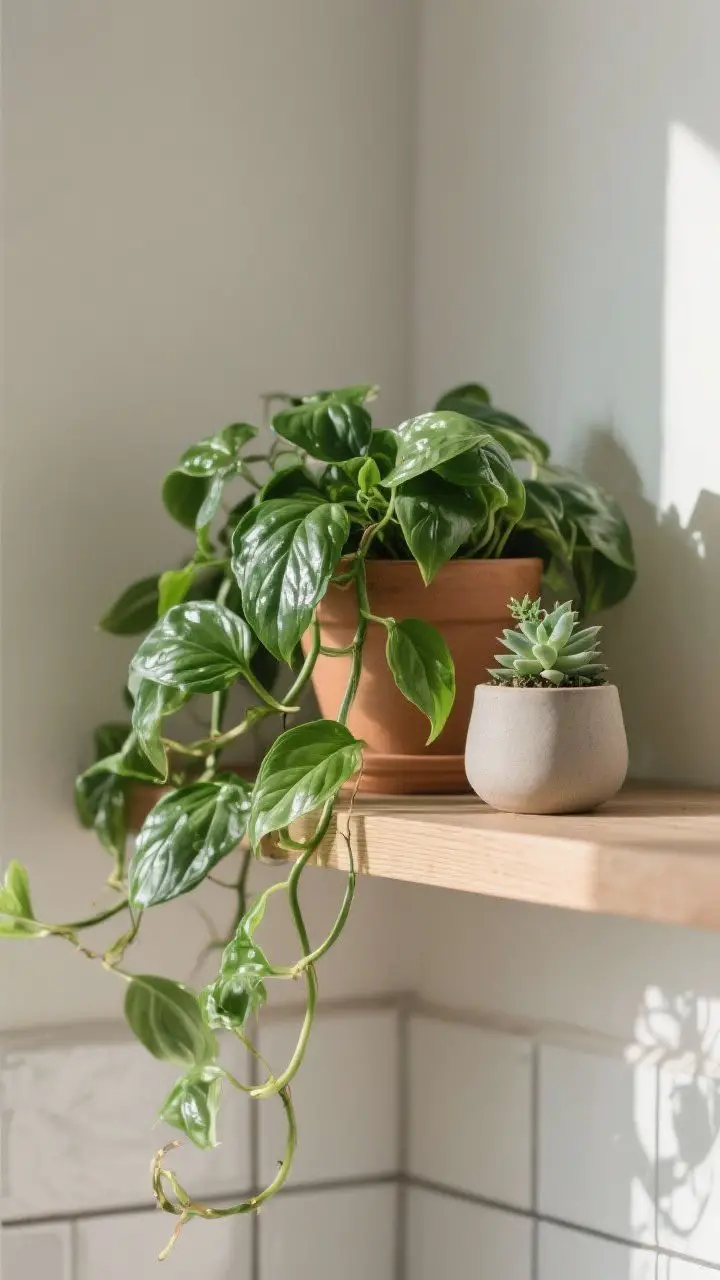 A closeup detail shot of greenery on a shelf: a lush pothos spilling trailing vines over the edge next to a small basil pot for functional herbs, and a tiny succulent in matte ceramic for low-maintenance charm; textures of glossy leaves against matte clay, with bright indirect daylight highlighting foliage and softening the hard lines of tile and wood.