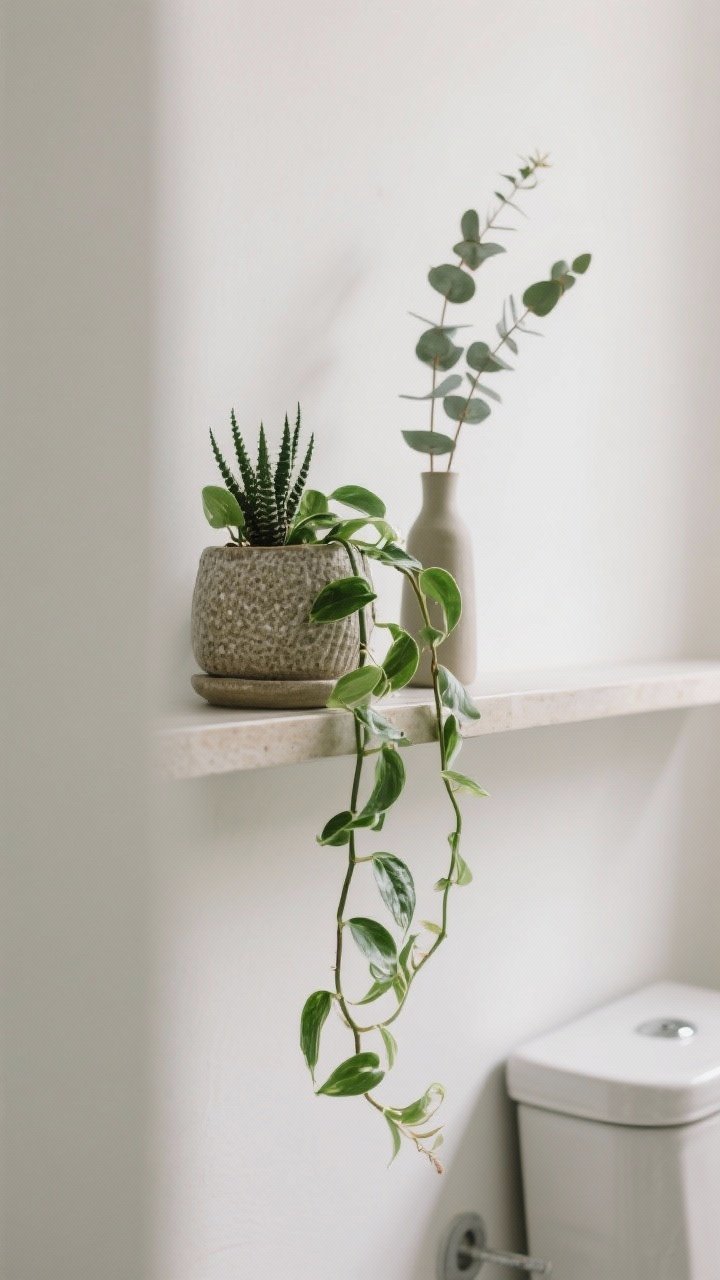A closeup detail shot of greenery on an over-the-toilet shelf: a trailing pothos cascading over the edge, a small snake plant in a textured pot providing vertical structure, and slender eucalyptus stems in a narrow vase; soft, low-light ambiance to suggest low-light-friendly plants, matte ceramic and rough-textured planters, white wall background to let the greens pop.