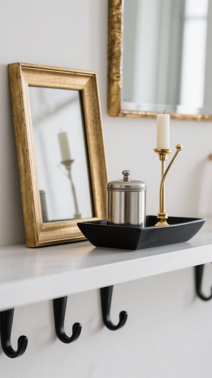 A closeup detail shot showcasing mixed metals: a brushed brass frame leaning on the shelf paired with a matte black tray holding a nickel canister and a brass candle snuffer; nearby hints of black hooks and a brass mirror frame in soft focus to tie finishes together; crisp, photoreal highlights with controlled reflections, modern high-end mood.