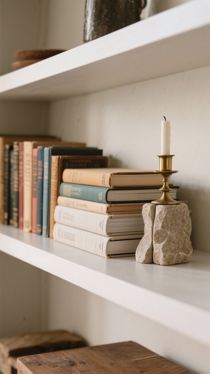 A closeup, eye-level shot of books used as styling tools on a dining shelf: horizontal stack of linen-spined cookbooks acting as a pedestal for a small brass candleholder, vertical row of vintage hardcovers with a sculptural stone bookend, dust jackets removed for a softer look; spines grouped by color for a clean, curated appearance, gentle afternoon light