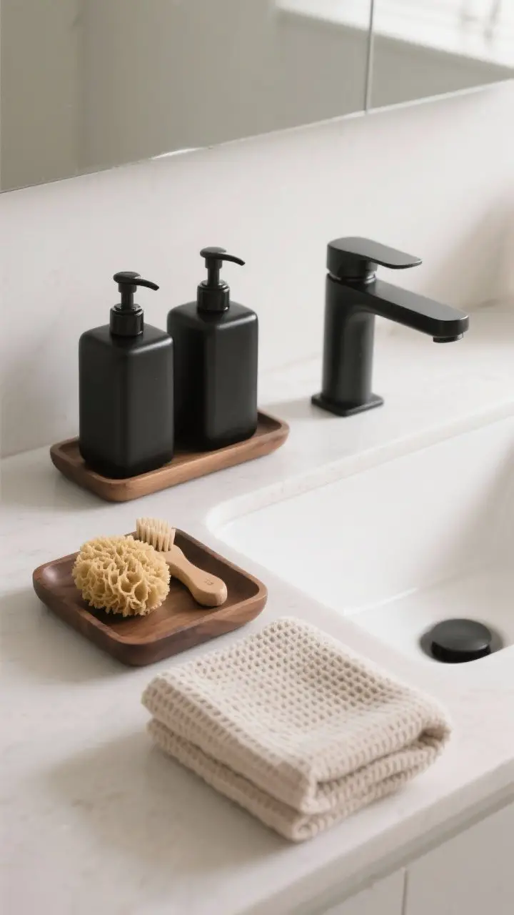 A closeup of a minimalist sink scene: matching matte black dispensers for hand and dish soap on a rectangular wood tray, a natural sponge and brush neatly corralled, and a folded neutral linen waffle-knit towel draped over the sink edge; modern faucet, bright but soft daylight, straight-on composition for a tidy, luxurious feel.