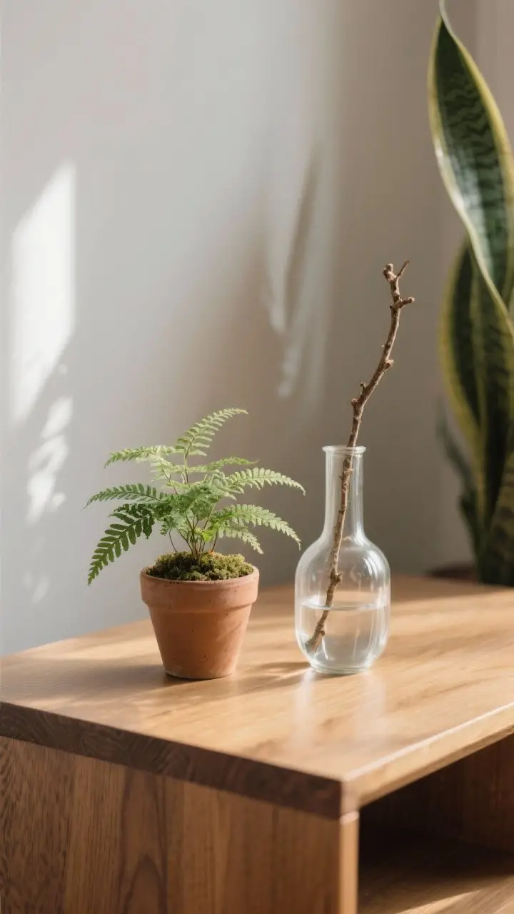 A closeup of a side table vignette with a tiny plant moment: a mini fern in an earthenware pot beside a clear glass bud vase holding a single clipped branch; include a snake plant leaf peeking from the background, delicate reflections in the glass, soft morning light, and a warm wood tabletop with subtle grain