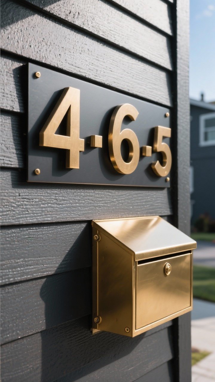 A closeup, straight-on detail shot of oversized modern house numbers (5–6 inches tall) in brushed brass mounted on dark siding with a contrasting backplate for clarity; adjacent a wall-mounted mailbox in matching brass finish; crisp daylight for peak legibility; focus on sharp edges, mounting hardware, and clean spacing that reads easily from the street.