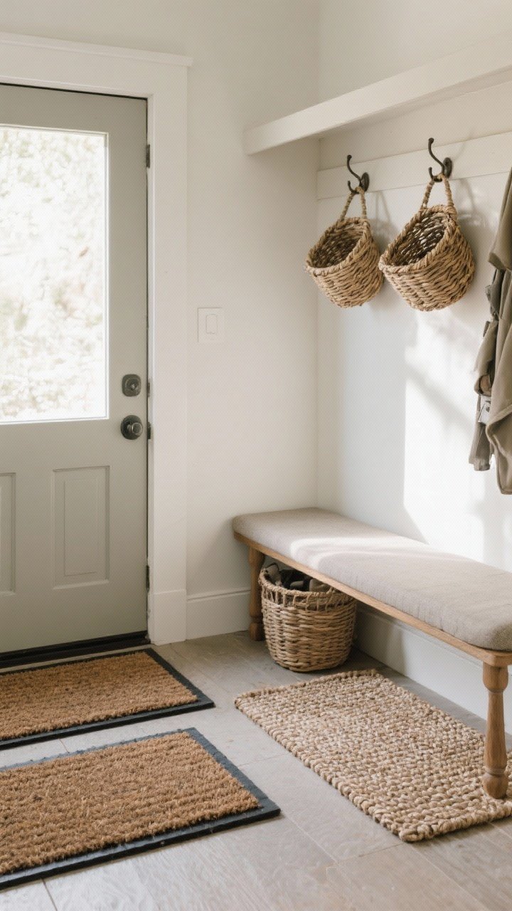 A compact mudroom-style entry in a medium shot featuring two small mats to define zones: a coarse coir or rubber-backed mat by the door for grit, and a softer woven mat under a small bench for comfort; matching color palette ties both together; hooks with baskets above; natural daylight from the door skims across textures, clearly separating wipe zone and drop zone
