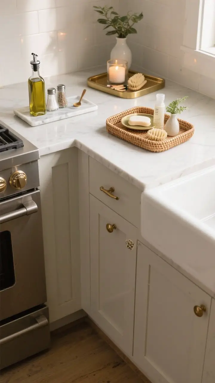 A corner angle shot focusing on trays preventing clutter: three mini vignettes—by the stove a marble tray with olive oil, salt, pepper, and a tiny spoon rest; by the sink a rattan tray with soap, lotion, scrub brush, and a petite plant; in a free counter corner a small brass-edged tray with a candle, match striker, and petite vase; soft ambient lighting with gentle reflections.