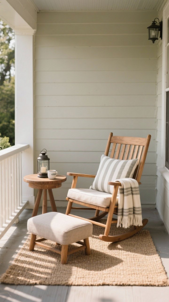 A cozy medium shot of porch seating: a single wooden rocking chair with a low footstool, a petite round side table holding a mug and small lantern, and a folded throw draped over the chair arm; add a slim outdoor cushion in a muted stripe; soft natural afternoon light and a small outdoor rug underfoot; composition angled from the porch corner to suggest “stay a while” comfort.