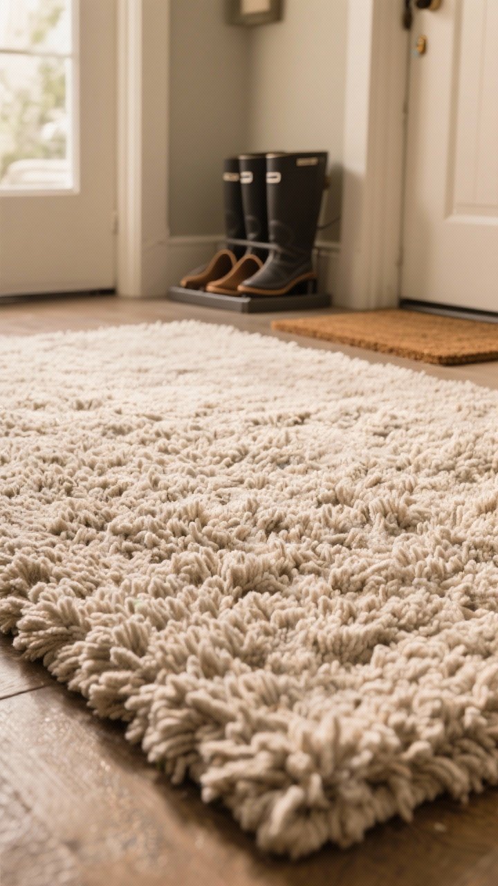 A cozy, shoes-off entry captured in a closeup, low-angle detail of a dense, low-to-medium plush rug pile in a neutral tone; fibers are solution-dyed PET or nylon with a clipped finish to avoid debris; a nearby boot tray and door mat sit just out of focus; soft, warm ambient lighting emphasizes plush texture and sound-absorbing comfort