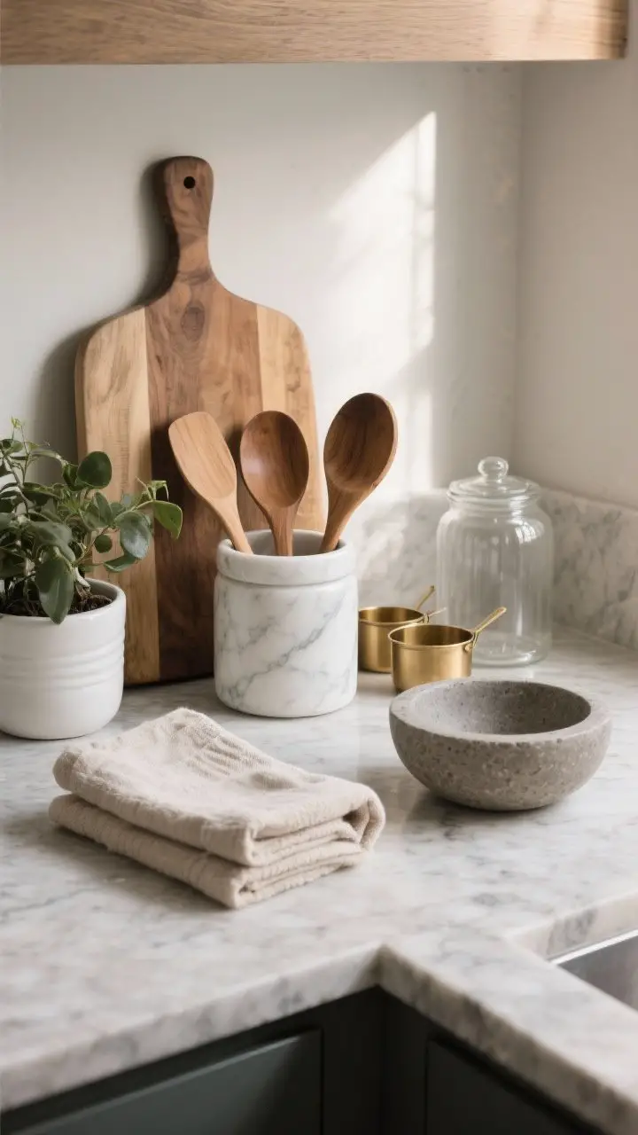 A detail closeup emphasizing layered textures: a wood cutting board, a white marble utensil crock with wooden spoons, and a neatly folded natural linen towel on a stone countertop; include a matte stone bowl beside a glossy white plant pot, plus brass measuring cups near a clear glass storage jar; side light raking across surfaces to highlight texture contrasts.