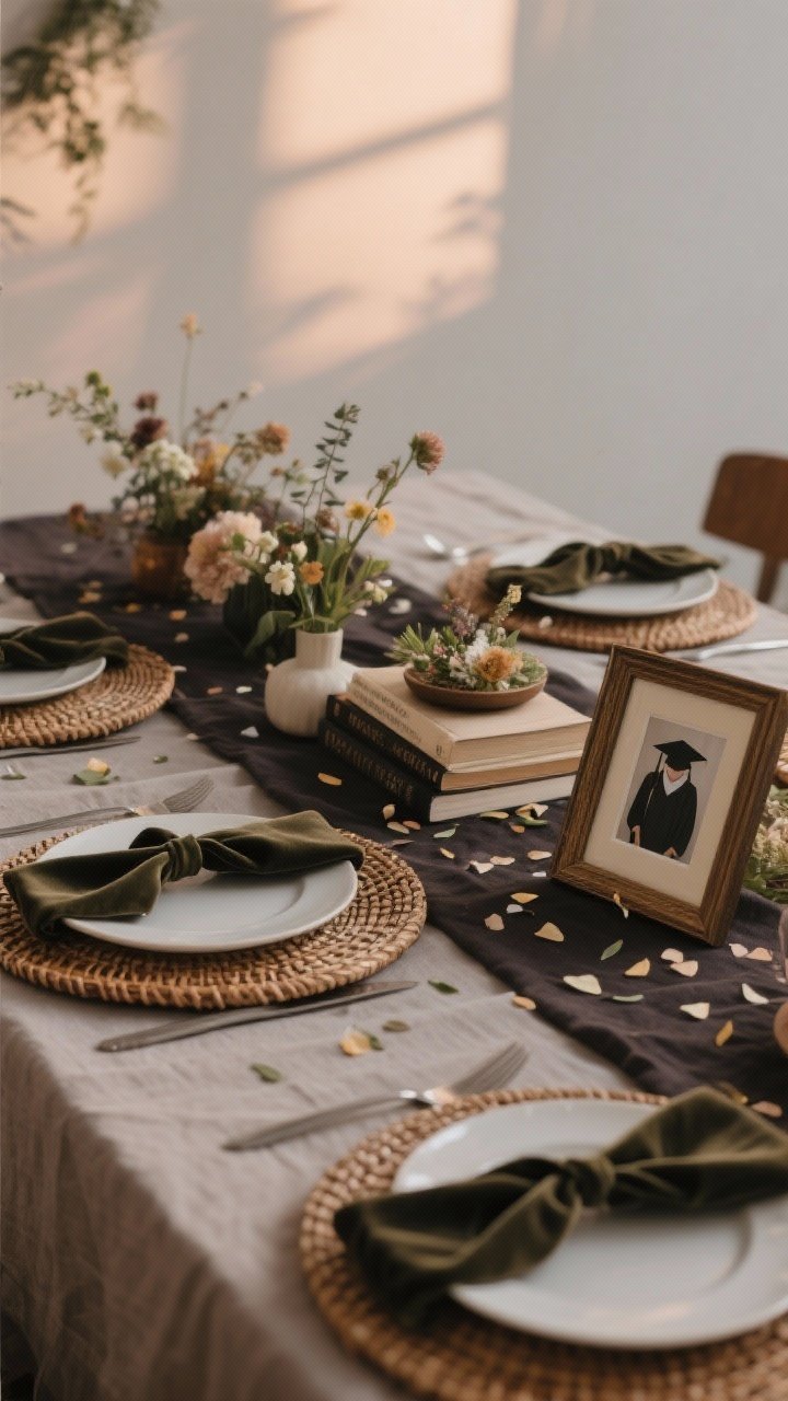 A detail closeup of a layered table setting: matte base cloth with a contrasting runner, rattan chargers under simple plates, velvet ribbons tied around napkins, a subtle sprinkle of biodegradable confetti, and a compact centerpiece of low florals, stacked books, and a framed photo of the grad; soft, diffused evening light highlighting textures.