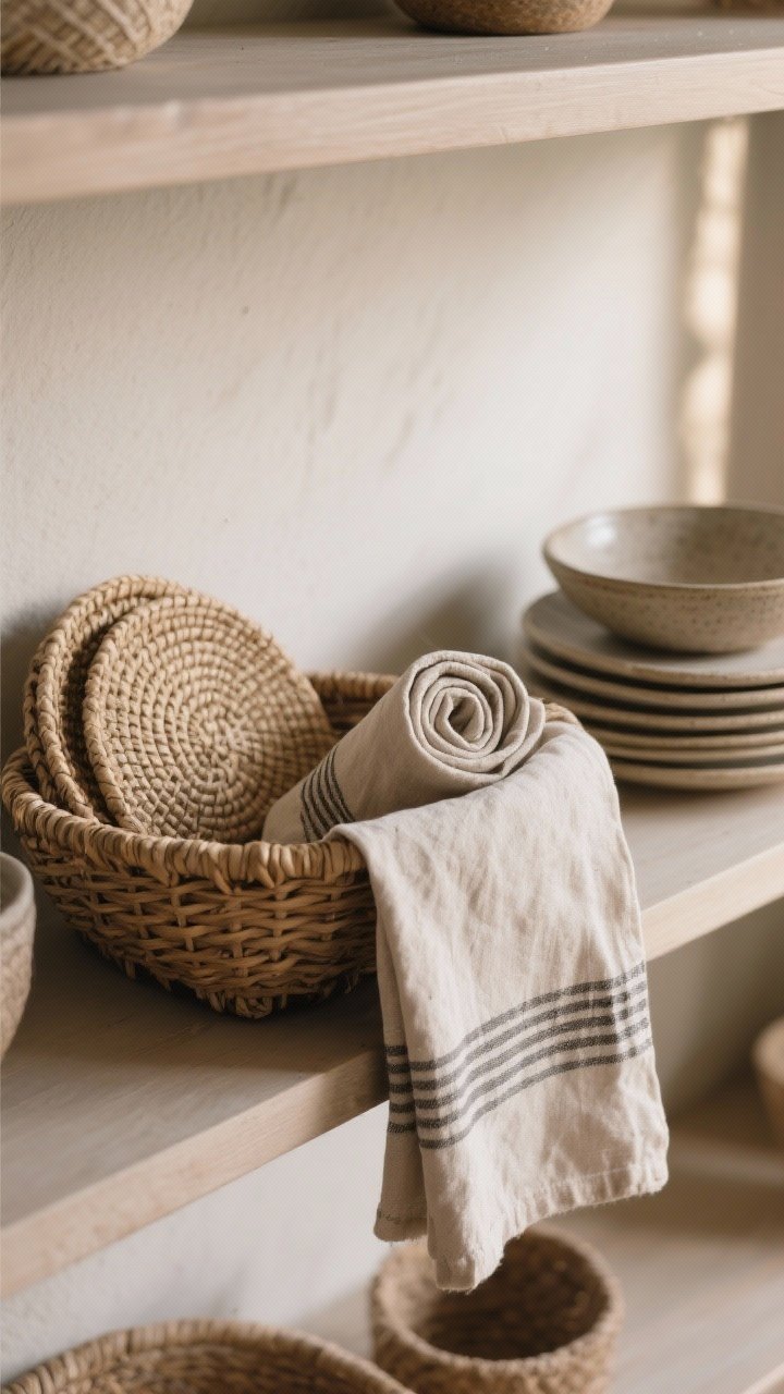 A detail closeup of soft textures on a dining shelf: a folded linen table runner, neatly rolled rattan placemats nestled in a low woven basket, tea towels casually draped over a small stack of plates, and a linen napkin softening the edge under a stoneware bowl; tactile focus with warm, natural tones and side lighting to emphasize weave and fibers