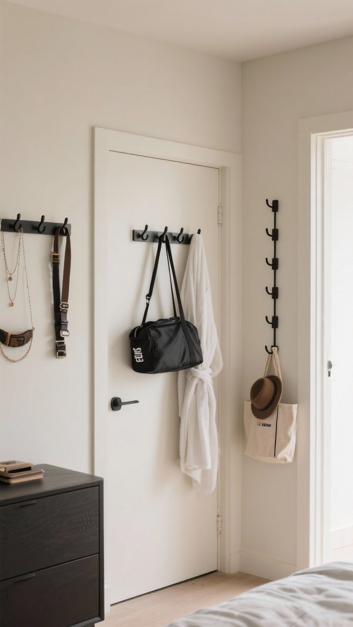 A detail-focused, angled wall shot of vertical storage with mixed hooks: a peg rail behind the door holding a robe and gym bag, a row of small hooks above a dresser displaying necklaces and belts, and a short peg rail near the bedroom entry as a tidy drop zone with a tote and hat. Tonal hooks in matte black against a light beige wall for contrast. Daylight from the side, clean and minimal styling. No people.