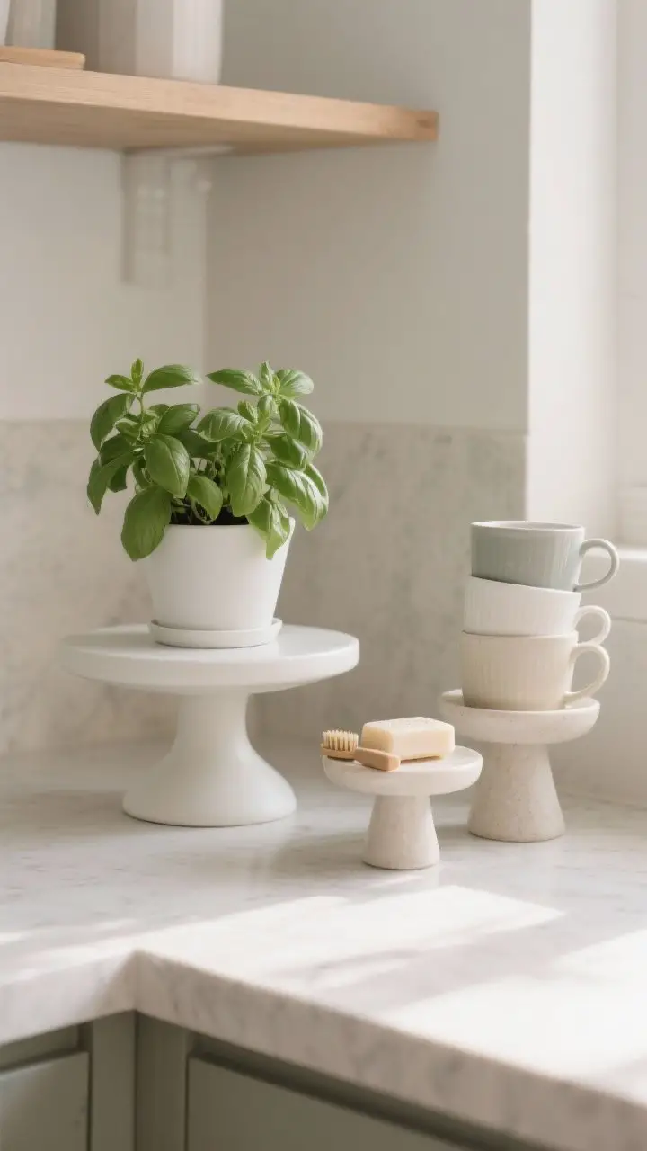A detail shot highlighting added height: a matte white cake stand elevating a small potted basil plant, beside a compact pedestal holding a soap and brush duo, and a short stack of mugs on a second pedestal; layered heights on a pale countertop with diffused morning light and shallow depth of field.