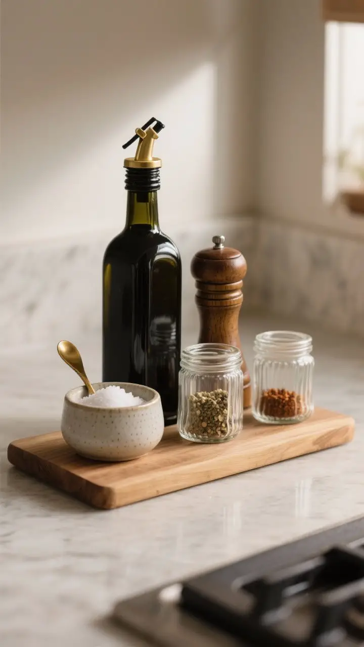 A detail shot of a seasoning station: a small oak board serving as a base with a ceramic salt cellar and brass spoon, dark glass olive oil bottle with pourer, a walnut pepper mill, and two go-to spices in uniform glass jars; tight composition, warm natural light from the side, practical yet elegant.