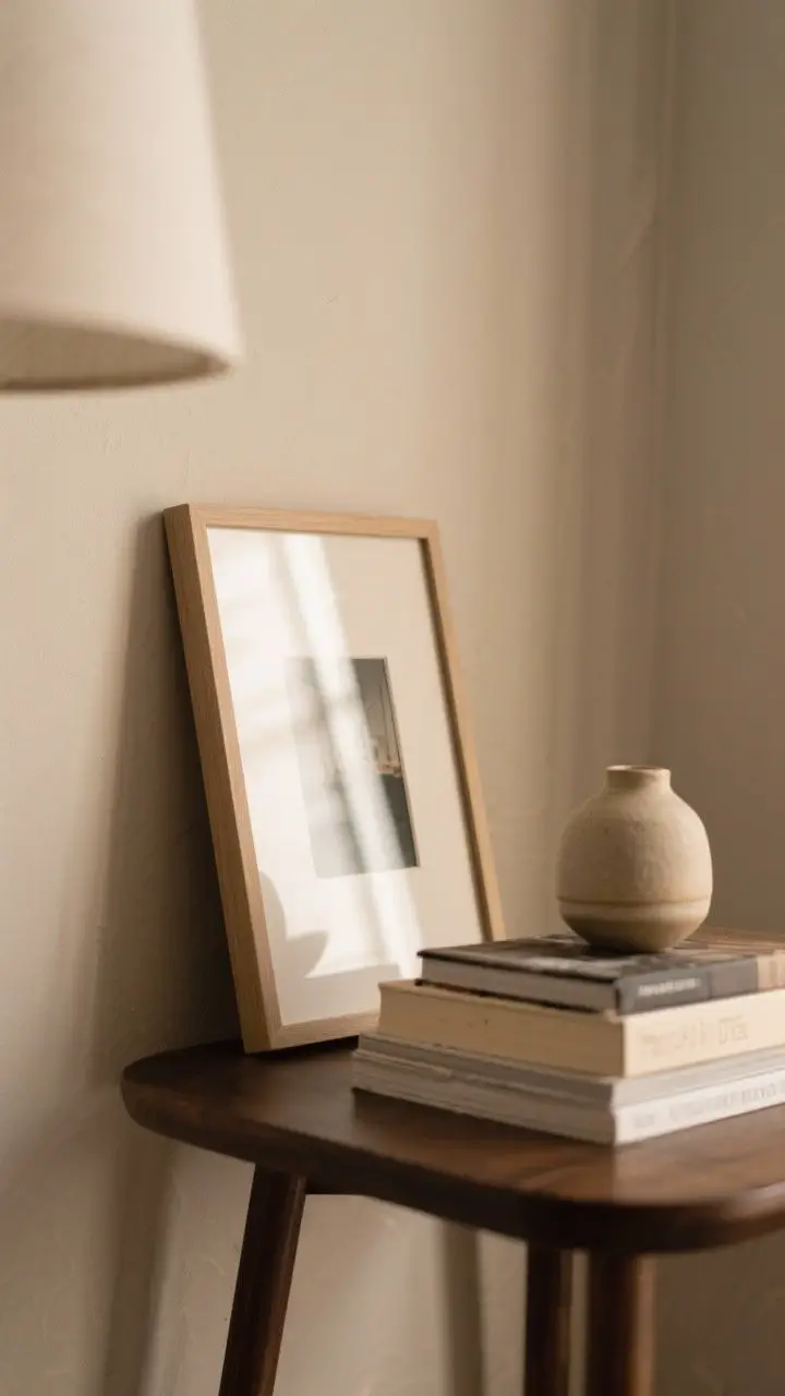 A detail shot of a small art moment on a side table: a 5x7 framed matte photograph leaned against the wall atop a stack of books, paired with a small ceramic vessel; non-glare glass on the frame to avoid lamp reflections, warm neutral setting, precise focus on frame edges and paper texture