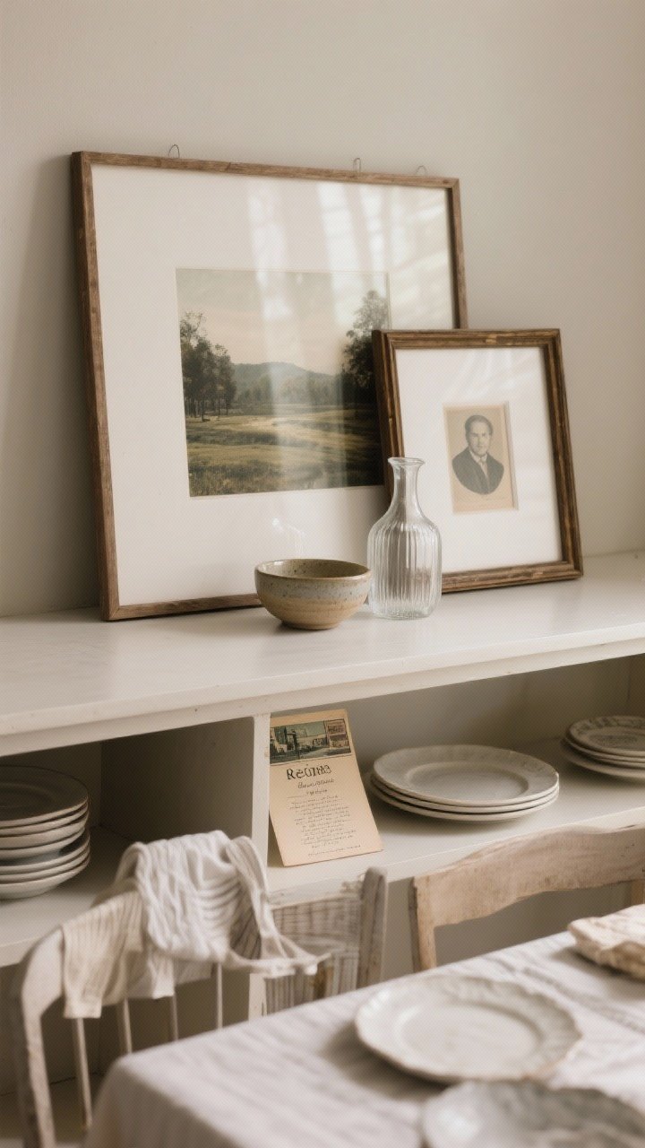 A detail, slightly angled closeup of layered art leaning against the back of a dining shelf: a medium-sized landscape frame behind a smaller portrait frame, both resting without nails, with a small ceramic bowl and a glass carafe in front to create depth; include a vintage postcard and a framed recipe card for an eclectic collected-over-time look, colors echoing neutral dishes and linens; soft diffused daylight for gentle shadows